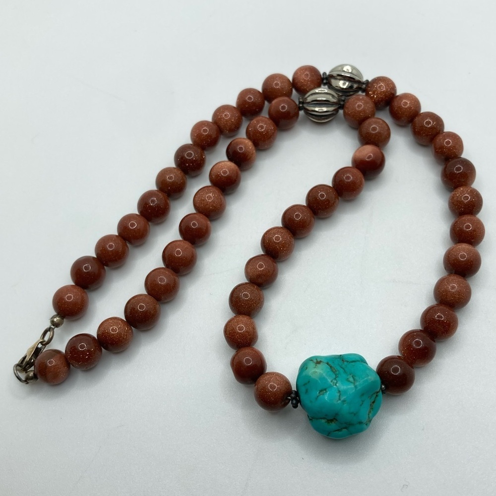 Vtg Sterling Turquoise Chunk & Round Goldstone Bead Necklace 16” - Picture 3 of 7